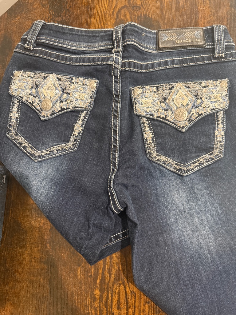 Grace In La Womens Dark Indigo Embroidered Back Pocket Bootcut Jeans